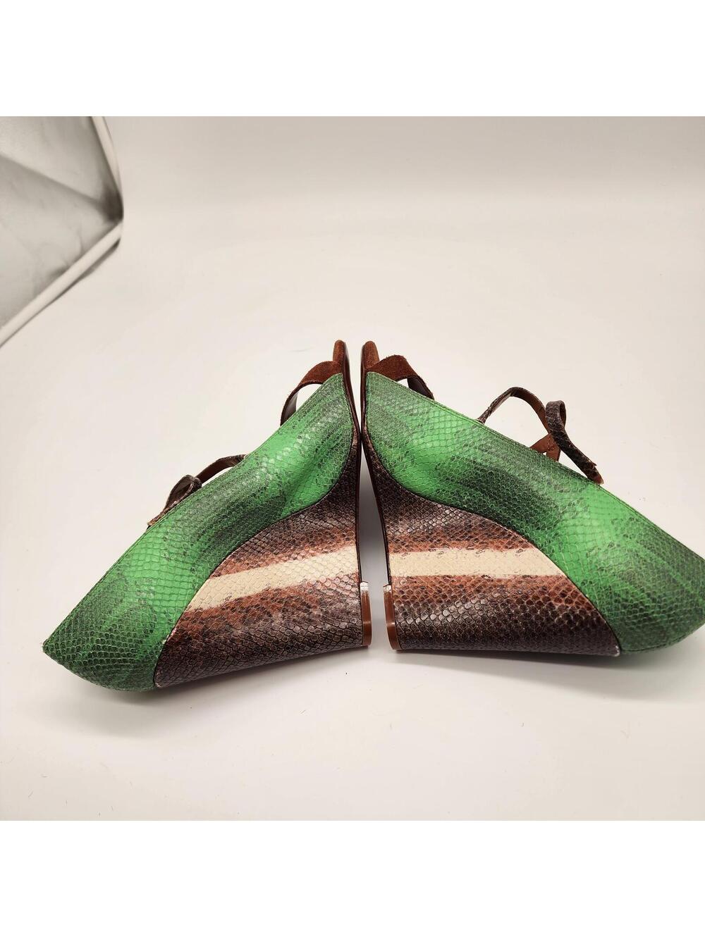 Wedge Schutz green and brown strappy snakeprint textured heels  41 10 - Picture 3 of 9